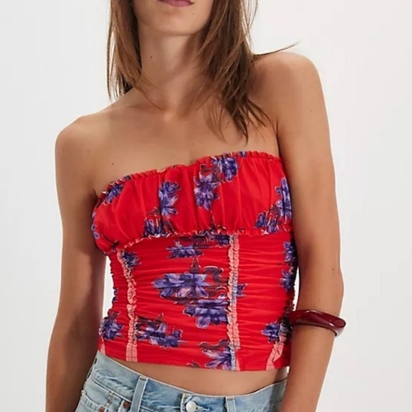 Free People Tops - Free People NWOT Scotty Tube Top In Red With Purple Tropical Floral Print sz SML